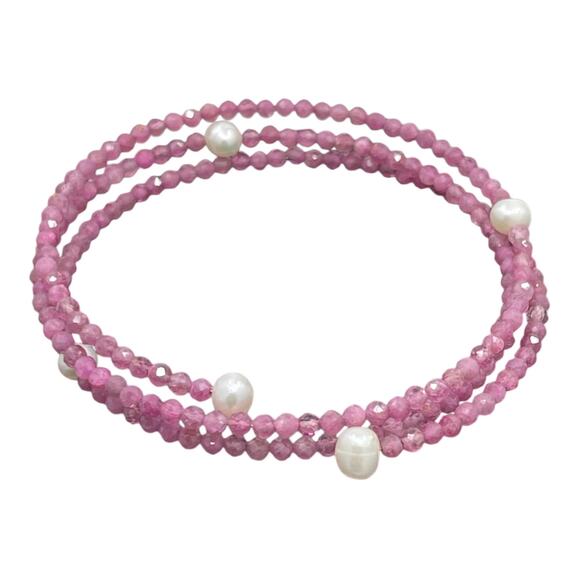 19ct Diamond Cut Pink Tourmaline 5mm Freshwater Pearl Beaded Bracelet